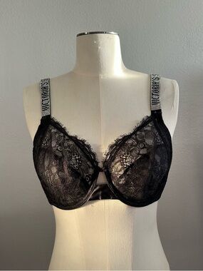 Victoria's Secret Black Lace Underwire Bra with Rhinestone Straps